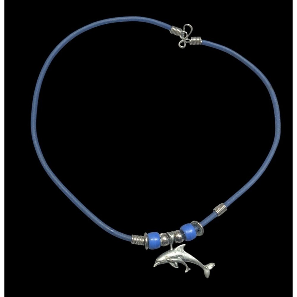 Vintage 90s Dolphin Necklace Silver Tone On Blue Rubbery Cord
